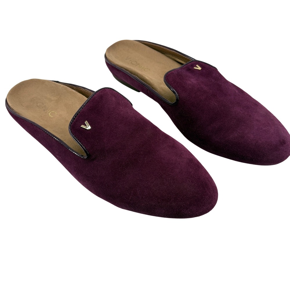 Vionic Carnegie Plum Purple Suede Mules Slides Womens 10 TVW5265 Gold Logo Comfy